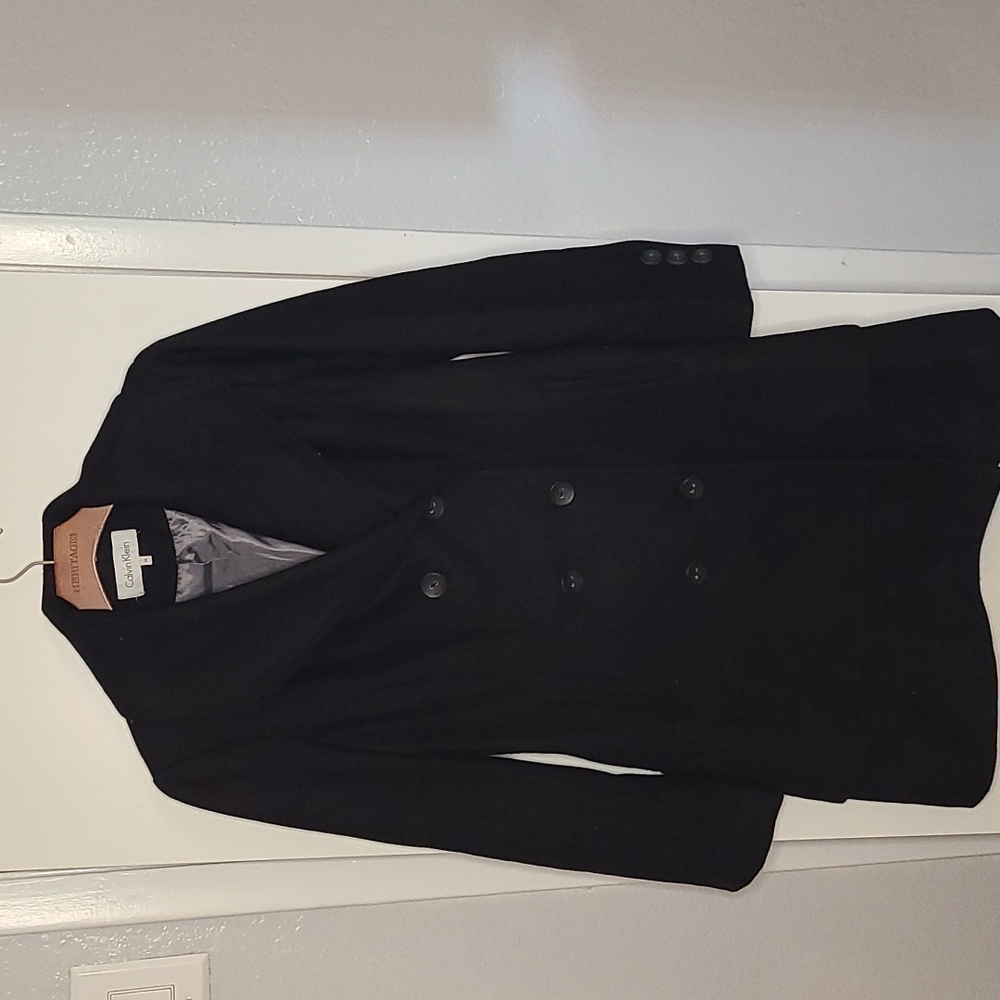 Calvin Klein Black Double-Breasted Wool Pea Coat